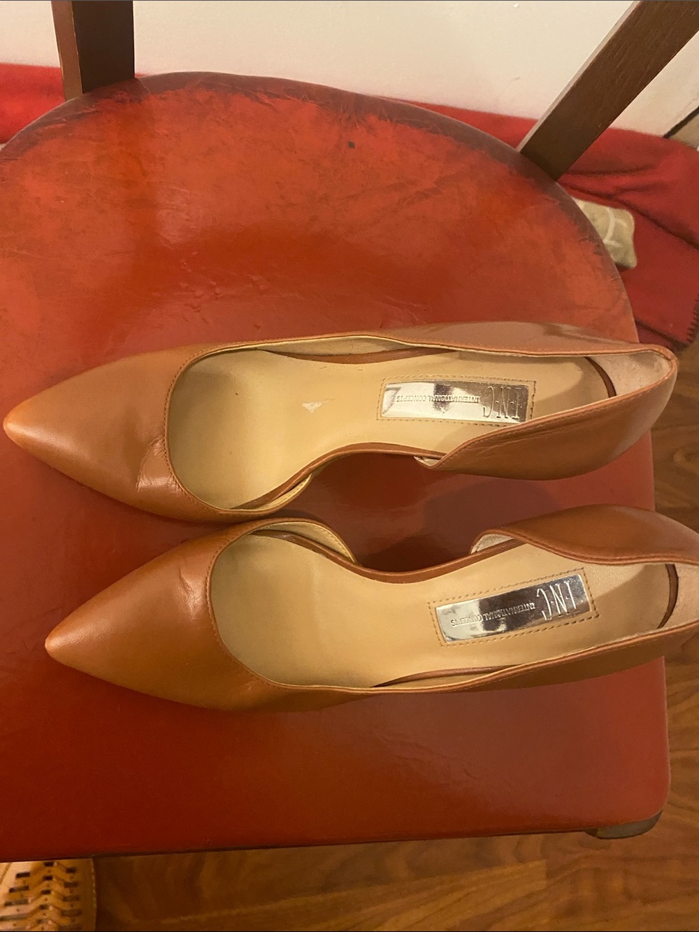 INC International Concepts Pointed Leather Pumps in Cognac